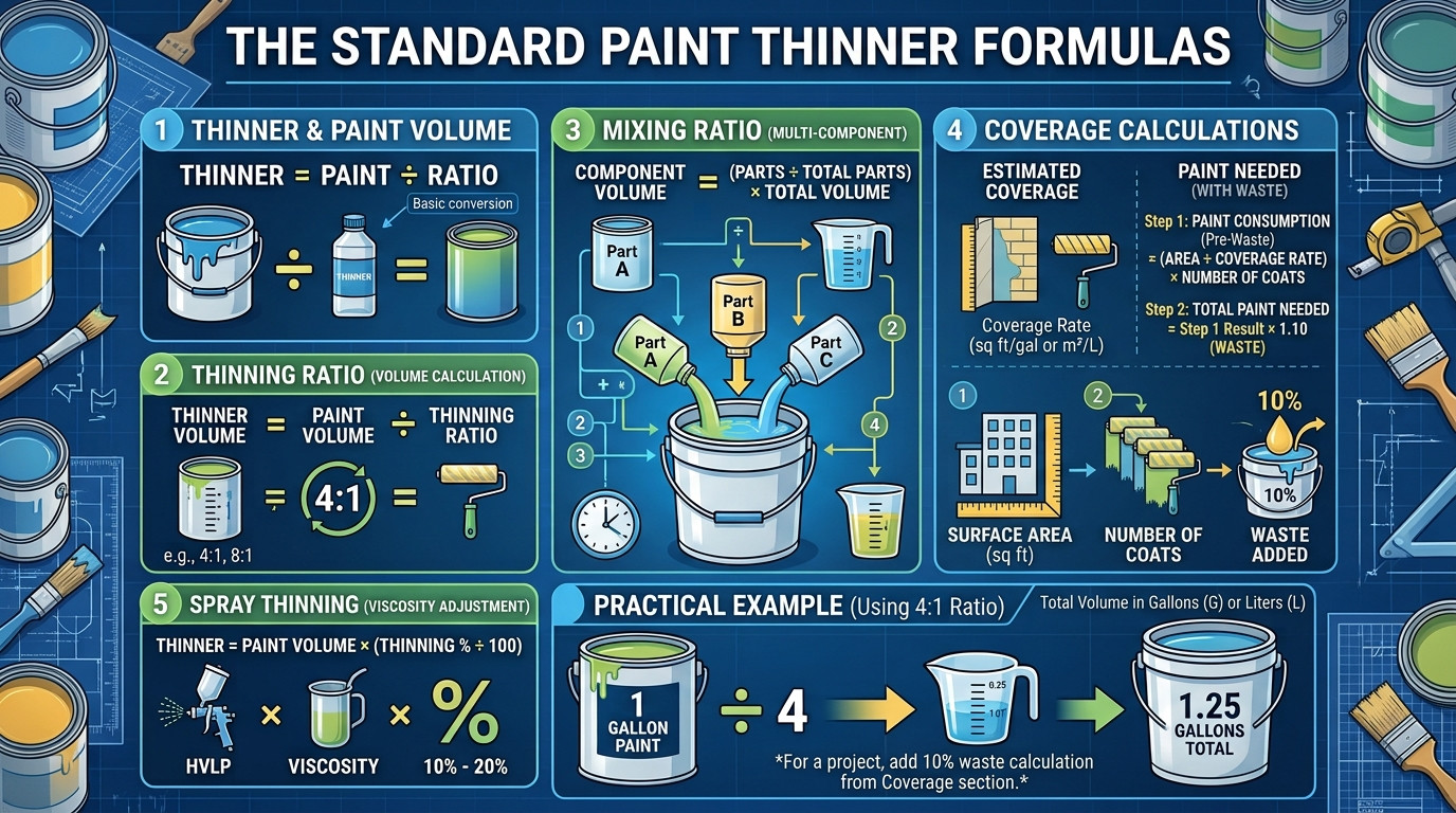 Paint thinner calculator formulas for thinning ratios, mixing proportions, and spray gun thinning