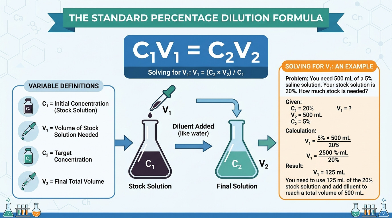 Percentage dilution formulas showing C1V1=C2V2 and unit conversions