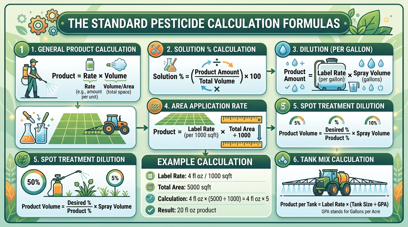 Pesticide calculator formulas for dilution, area application, spot treatment, and tank mix