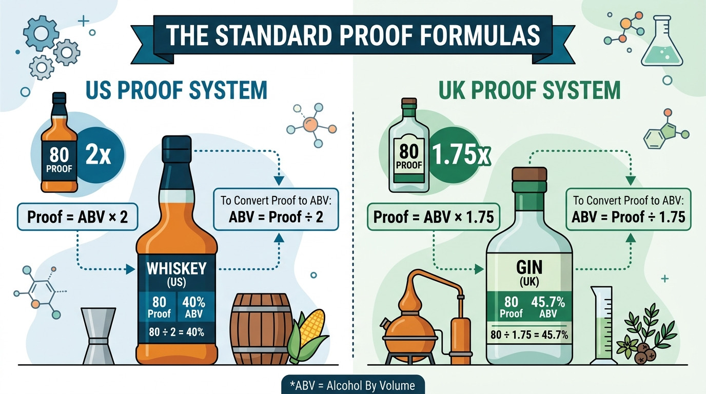 Proof calculator formulas showing US and UK proof systems