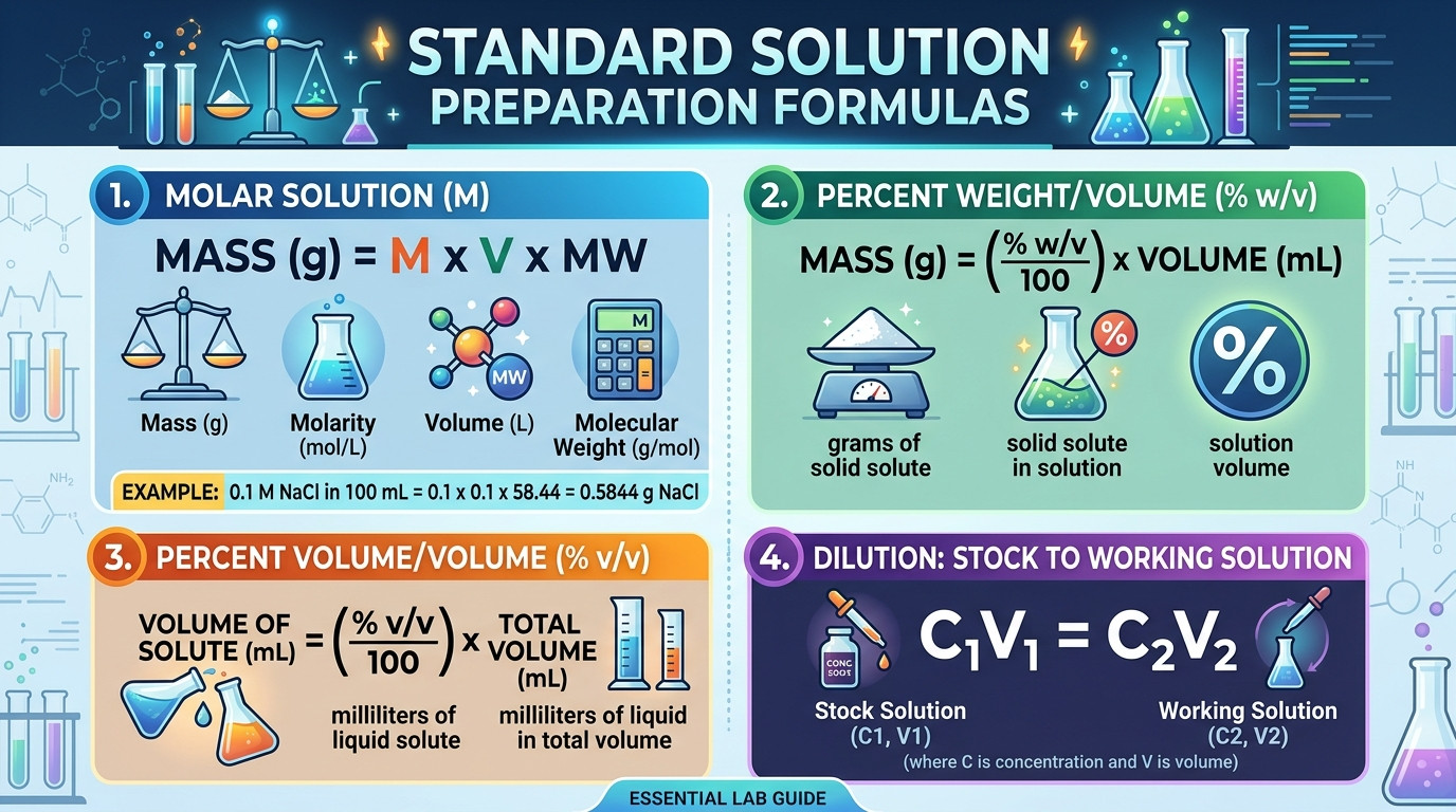 Common lab solutions calculator formulas for molar solutions, percentage solutions, and buffer preparation