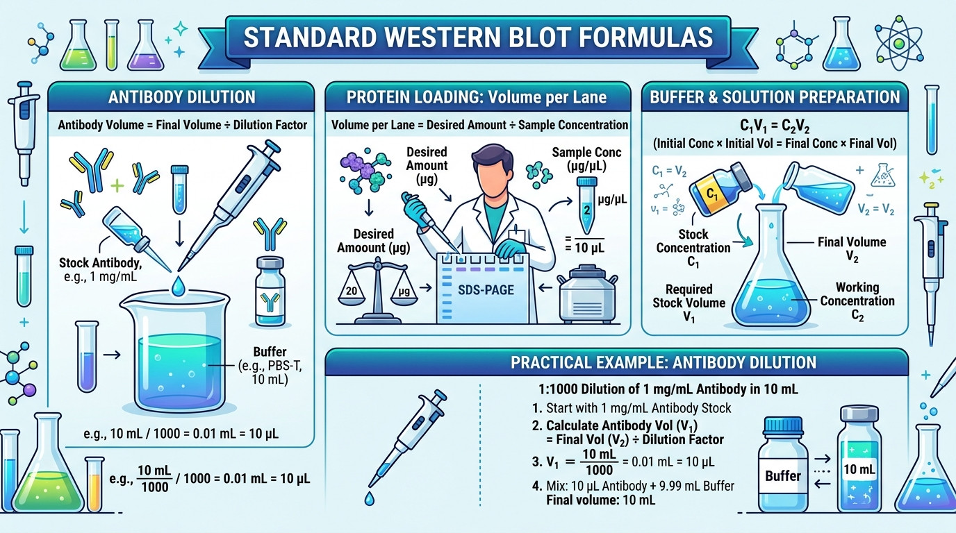 Western blot calculator formulas for antibody dilution, protein loading, and buffer preparation