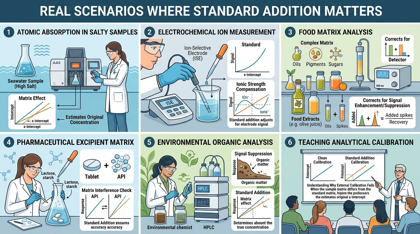 Standard Addition Calculator scenarios for matrices food environment pharmaceuticals and teaching