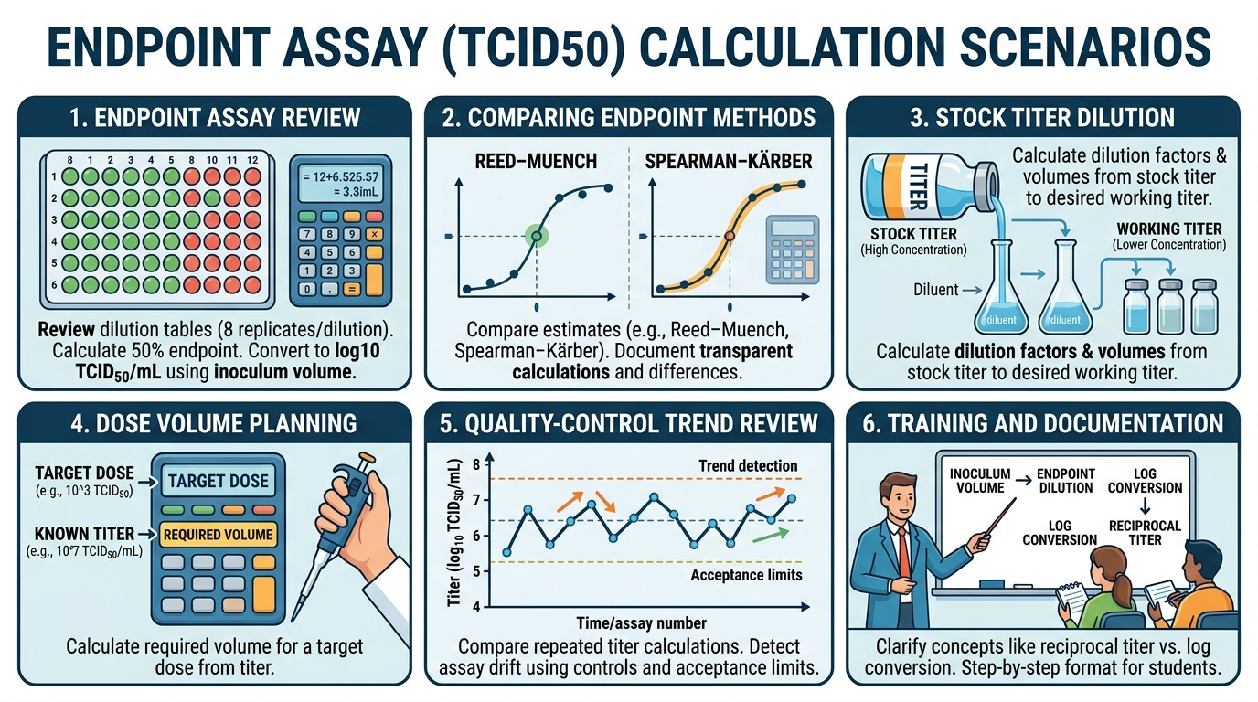 TCID50 Calculator scenarios for endpoint assay review titer dilution dose volume and training