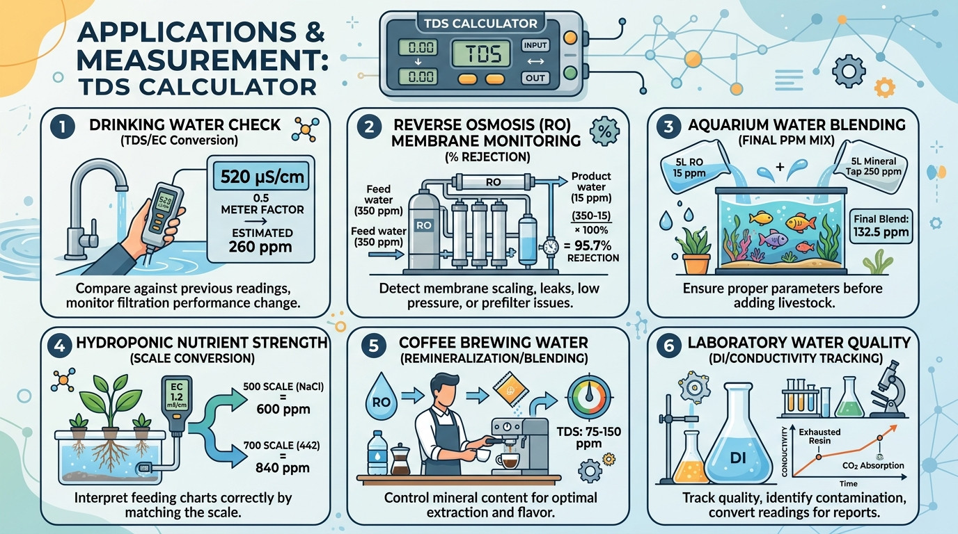 TDS calculator scenarios for drinking water reverse osmosis aquariums hydroponics coffee and lab water