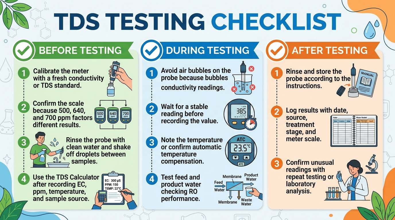 TDS testing checklist for meter calibration EC conversion RO rejection and water quality logging