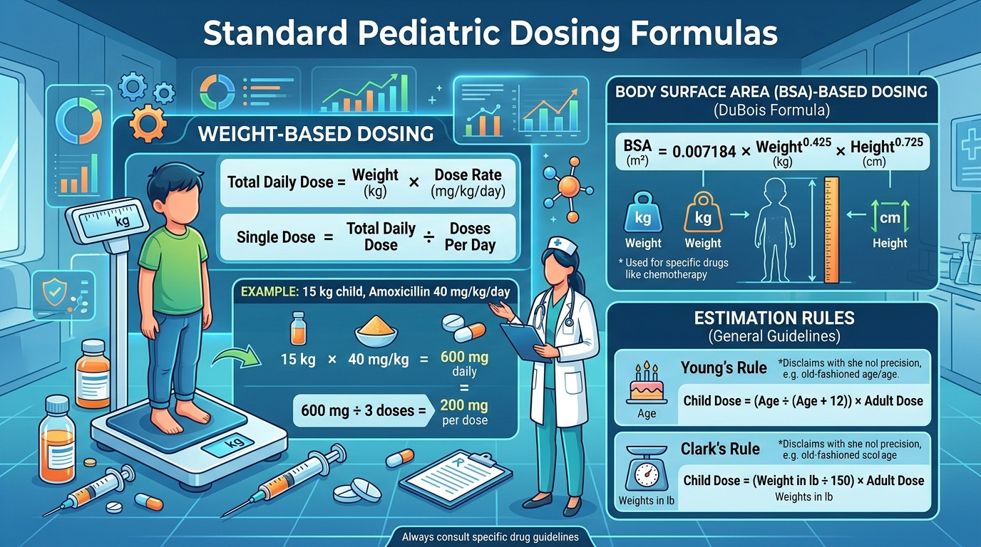 Pediatric dose calculator formulas showing weight-based dosing, BSA calculation, and age-based rules