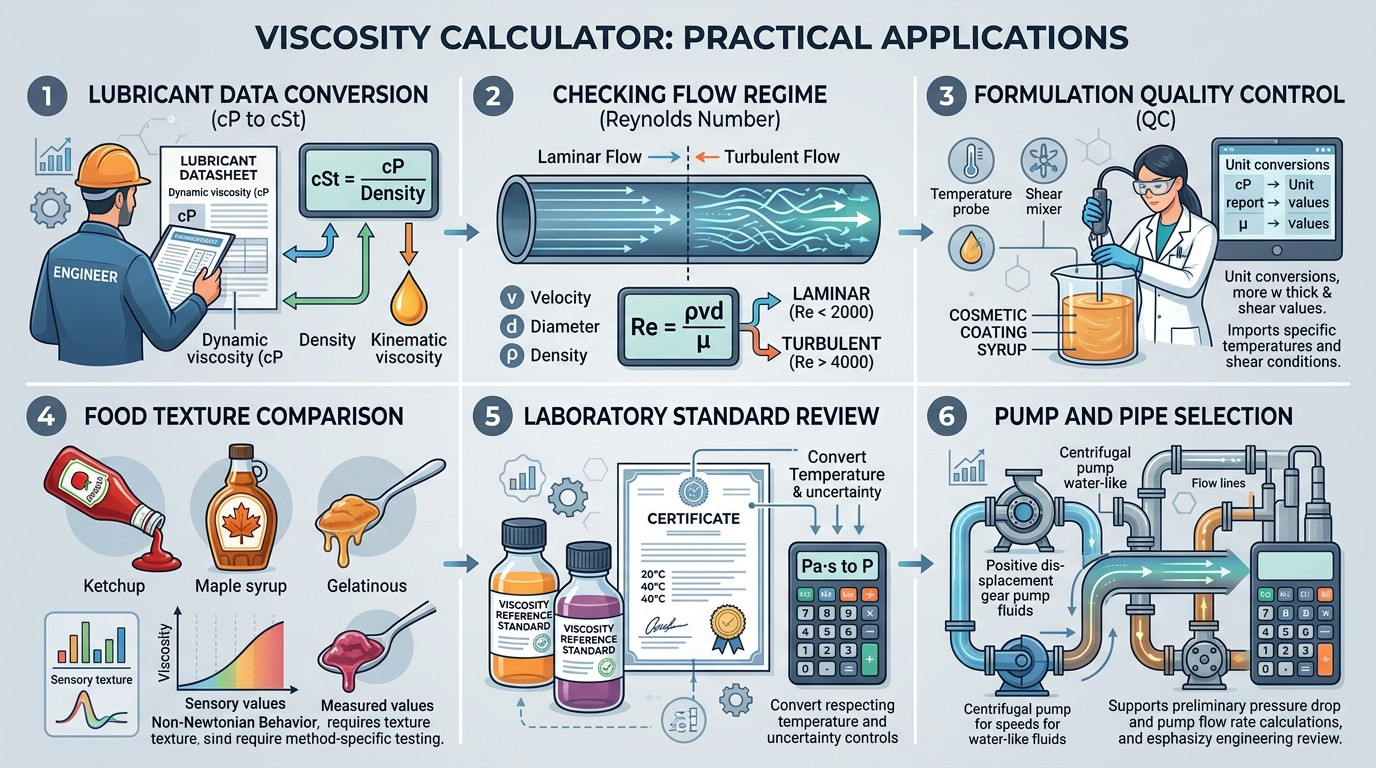 Viscosity Calculator scenarios for oils coatings foods pipe flow and lab standards
