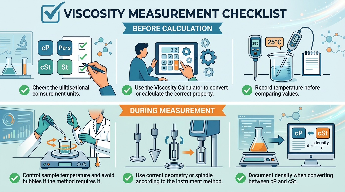 Viscosity Calculator checklist for units density temperature and method conditions