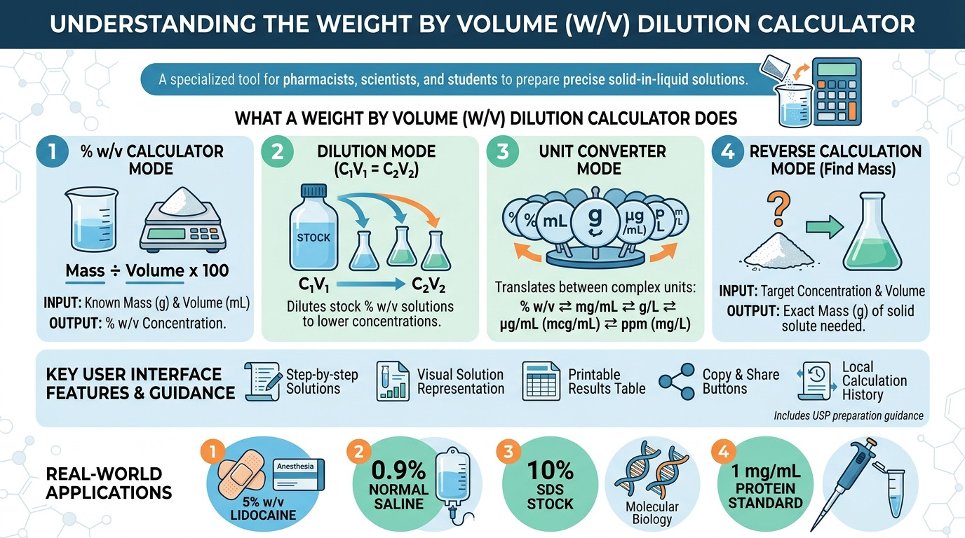 Weight by volume dilution calculator with analytical balance, volumetric flask, and laboratory equipment