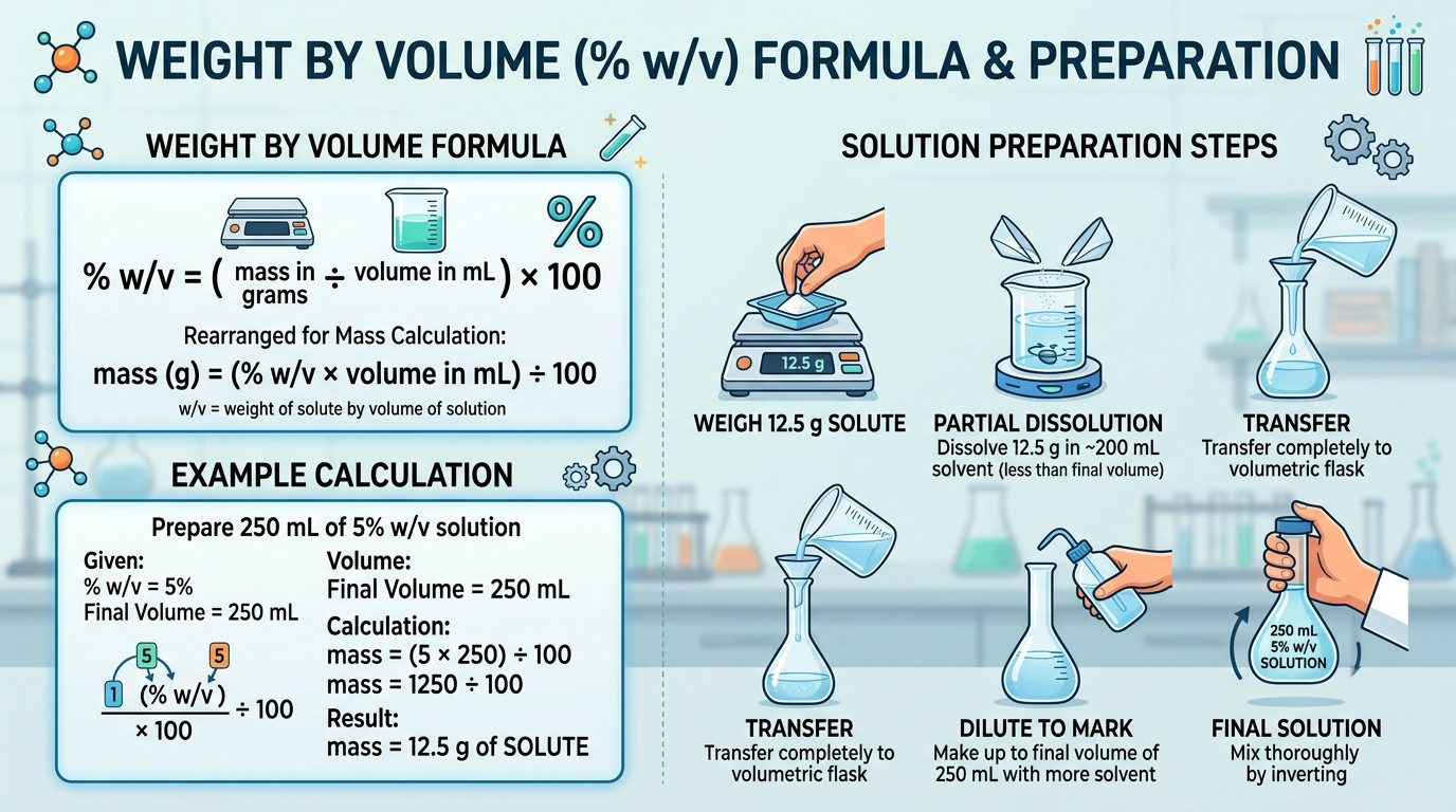 Core weight by volume dilution formulas showing % w/v calculation and unit conversions
