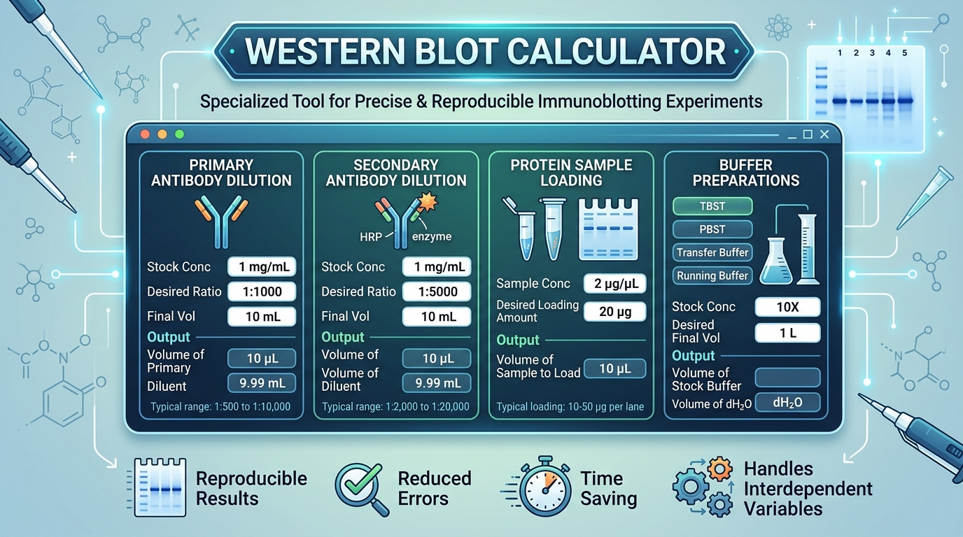 Western blot calculator with gel apparatus, antibodies, and protein detection equipment