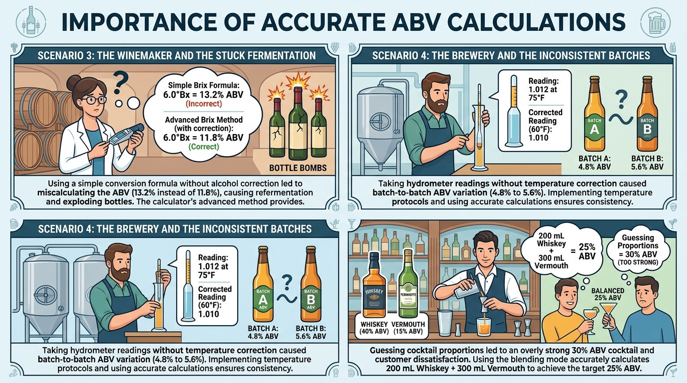ABV calculator scenarios in brewing, distilling, winemaking, and bartending applications