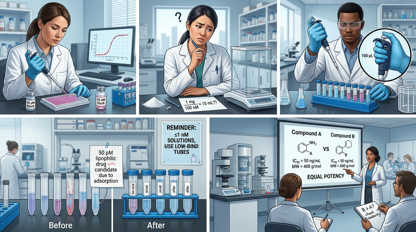 Nanomolar calculator scenarios in pharmacology, drug discovery, and molecular biology research