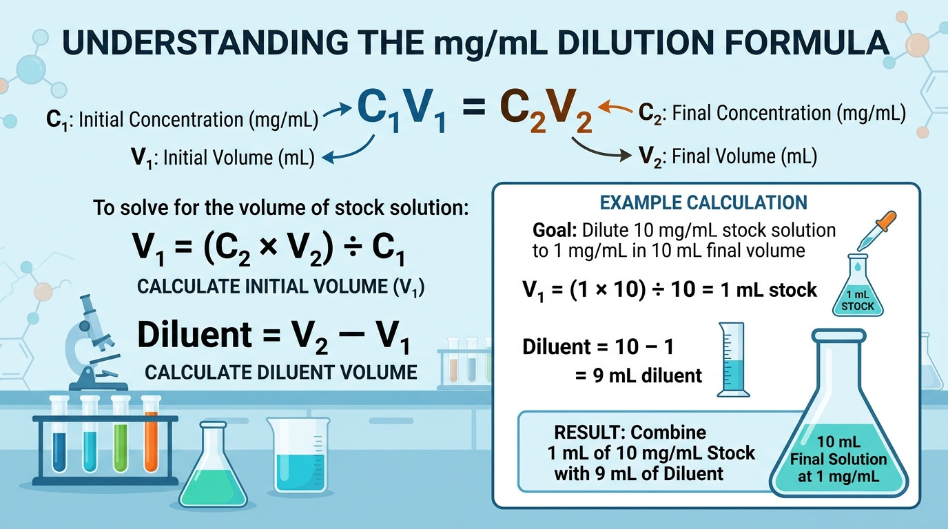 Core dilution formulas for mg/mL calculations showing C1V1=C2V2 and unit conversions