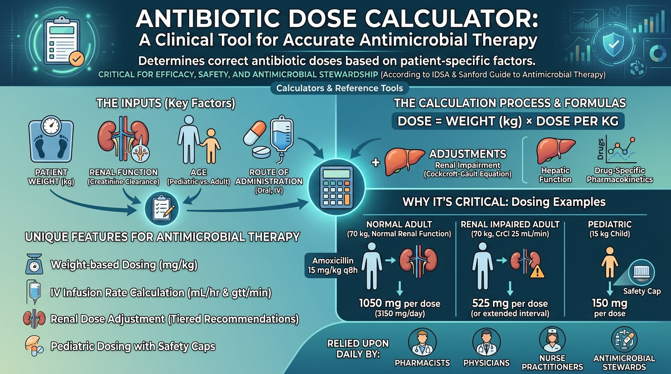 Antibiotic dose calculator with IV infusion bag, pharmacy references, and patient chart in hospital setting