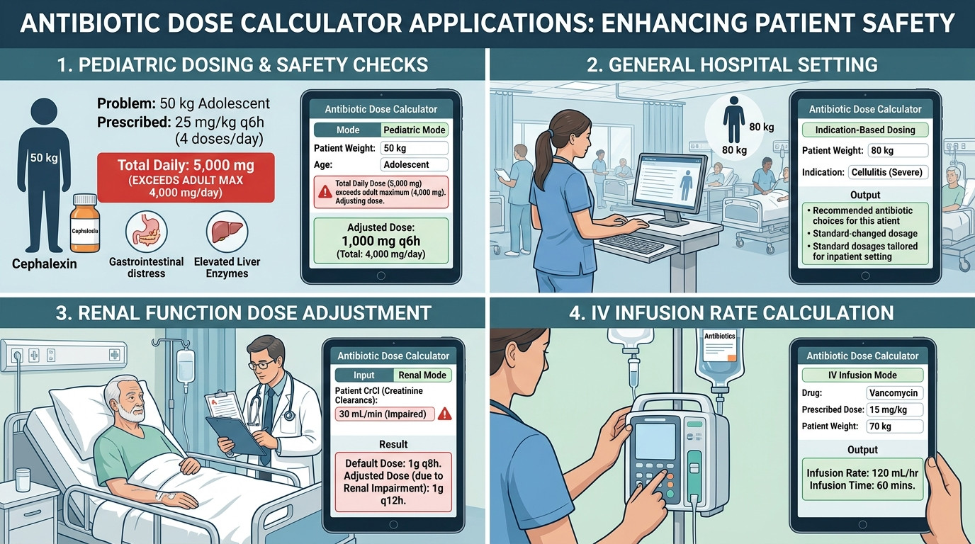 Antibiotic dose calculator scenarios in hospital, pediatric, renal and IV infusion settings
