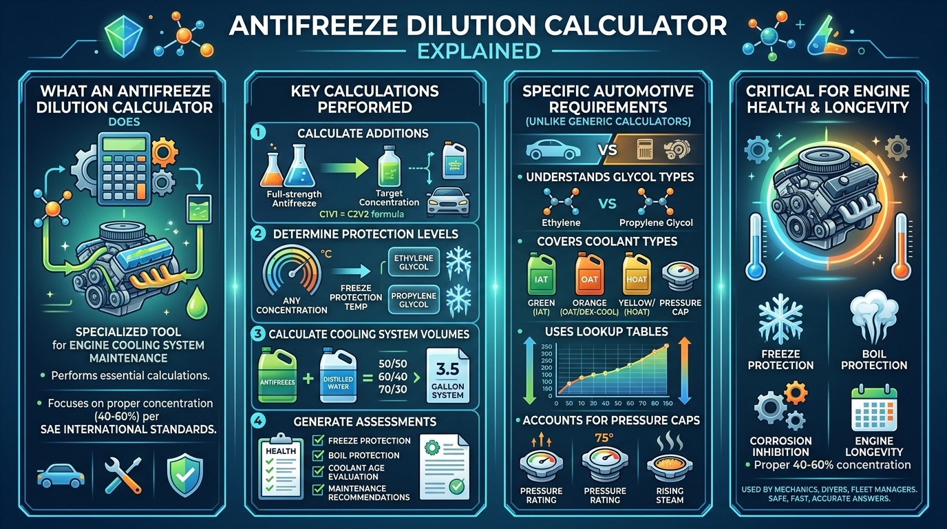 Antifreeze dilution calculator with coolant jugs, hydrometer, distilled water, and engine cooling system