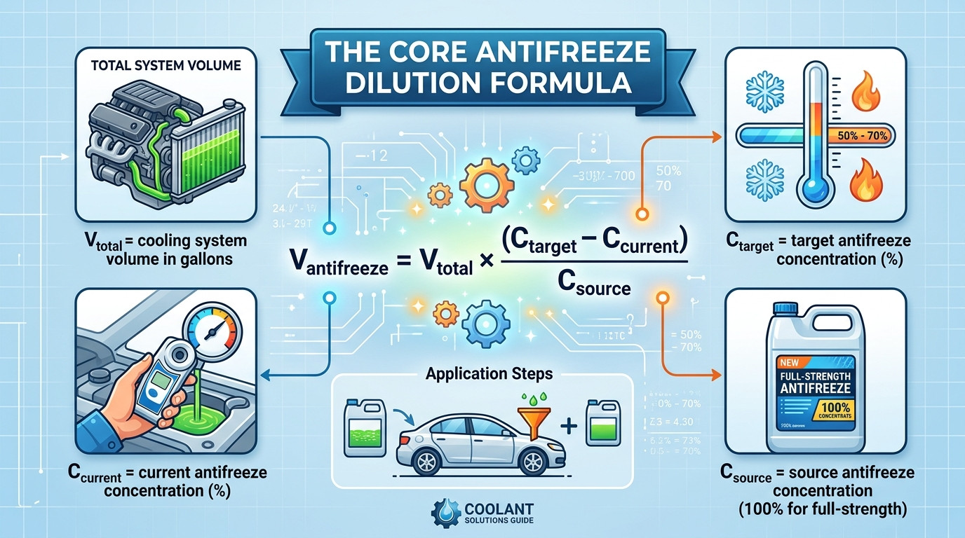 Antifreeze dilution calculator formulas showing C1V1=C2V2, freeze protection table, coolant mixing, and coolant types