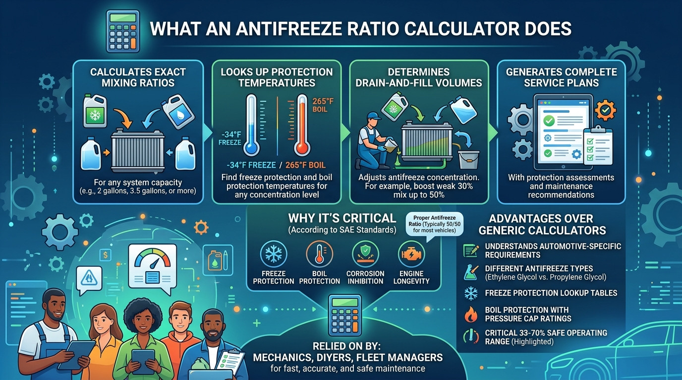 Antifreeze ratio calculator showing coolant mixing ratios for engine cooling systems