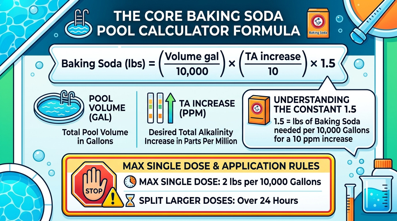 Baking soda pool calculator formulas showing alkalinity dosing, pH adjustment, stain paste recipe, and cost savings