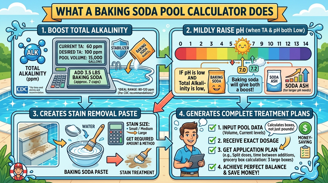 Baking soda pool calculator with Arm and Hammer boxes, measuring cups, pool test kit, and clear pool water