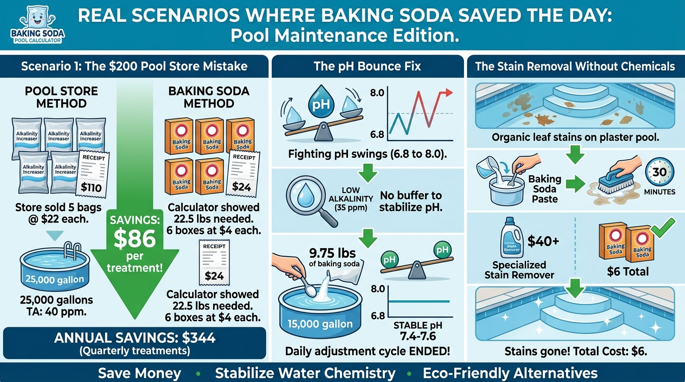 Baking soda pool scenarios showing cost savings, pH bounce fix, and natural stain removal