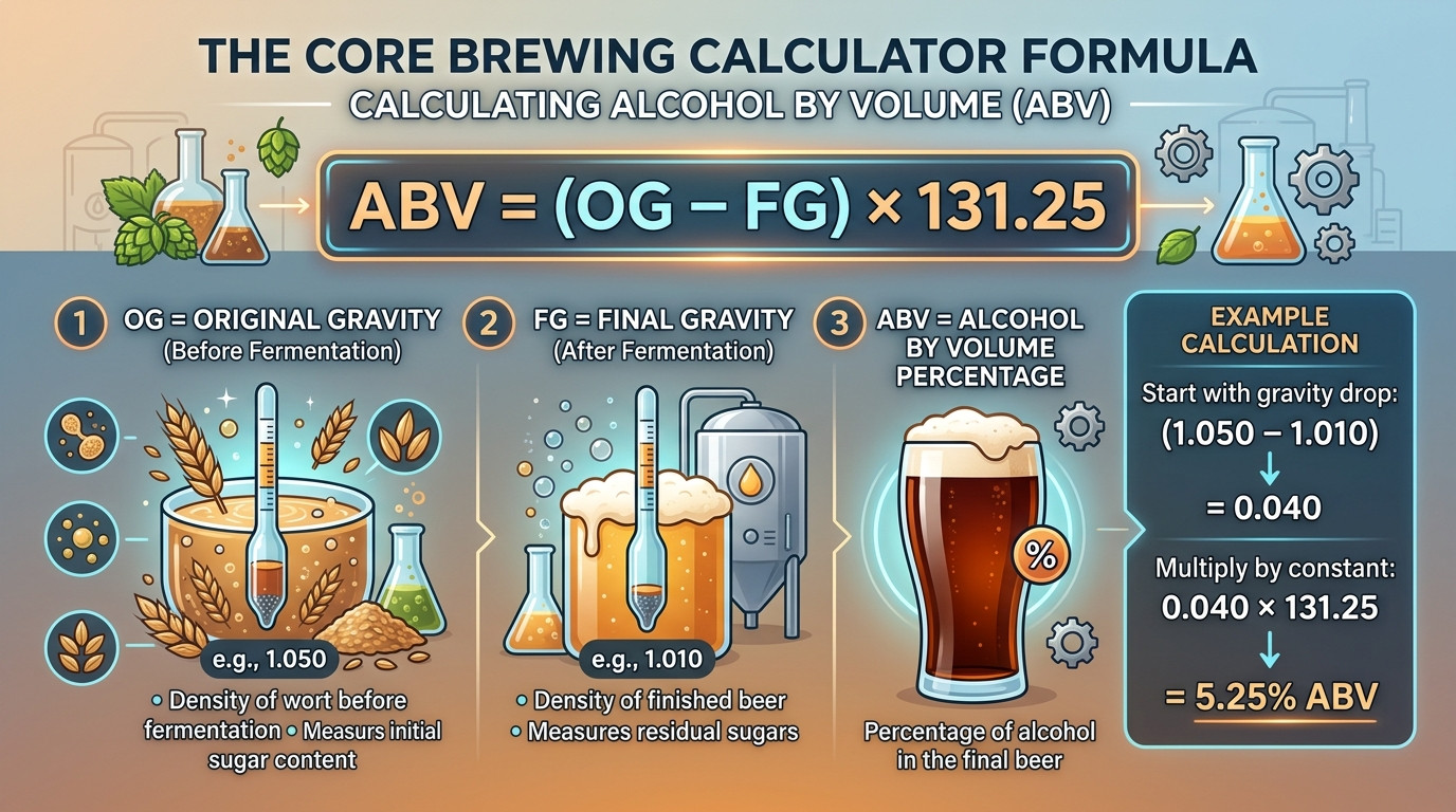 Brewing calculator formulas showing ABV, gravity conversions, IBU, and carbonation calculations