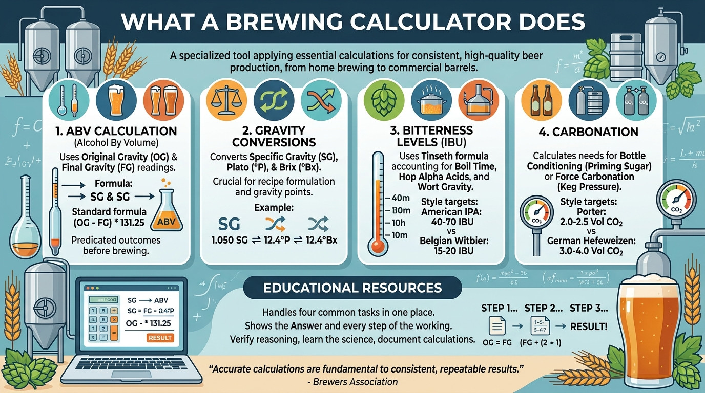 Brewing calculator with hydrometer, hops, grain, and brewing equipment