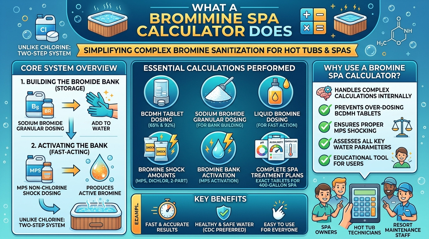 Bromine spa calculator with hot tub, BCDMH tablets, floating dispenser, MPS shock, and bromine test kit