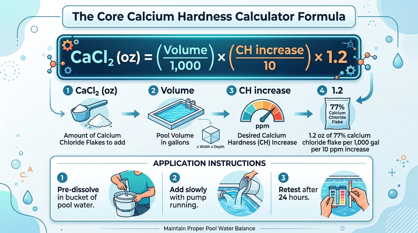 Pool calcium hardness calculator formulas showing calcium chloride dosing, water replacement, CSI calculation, and pool type ranges