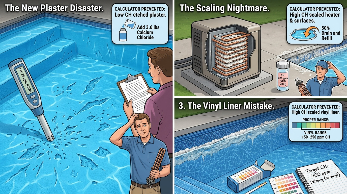 Pool calcium hardness scenarios showing new plaster damage, scaling nightmare, and vinyl liner mistake