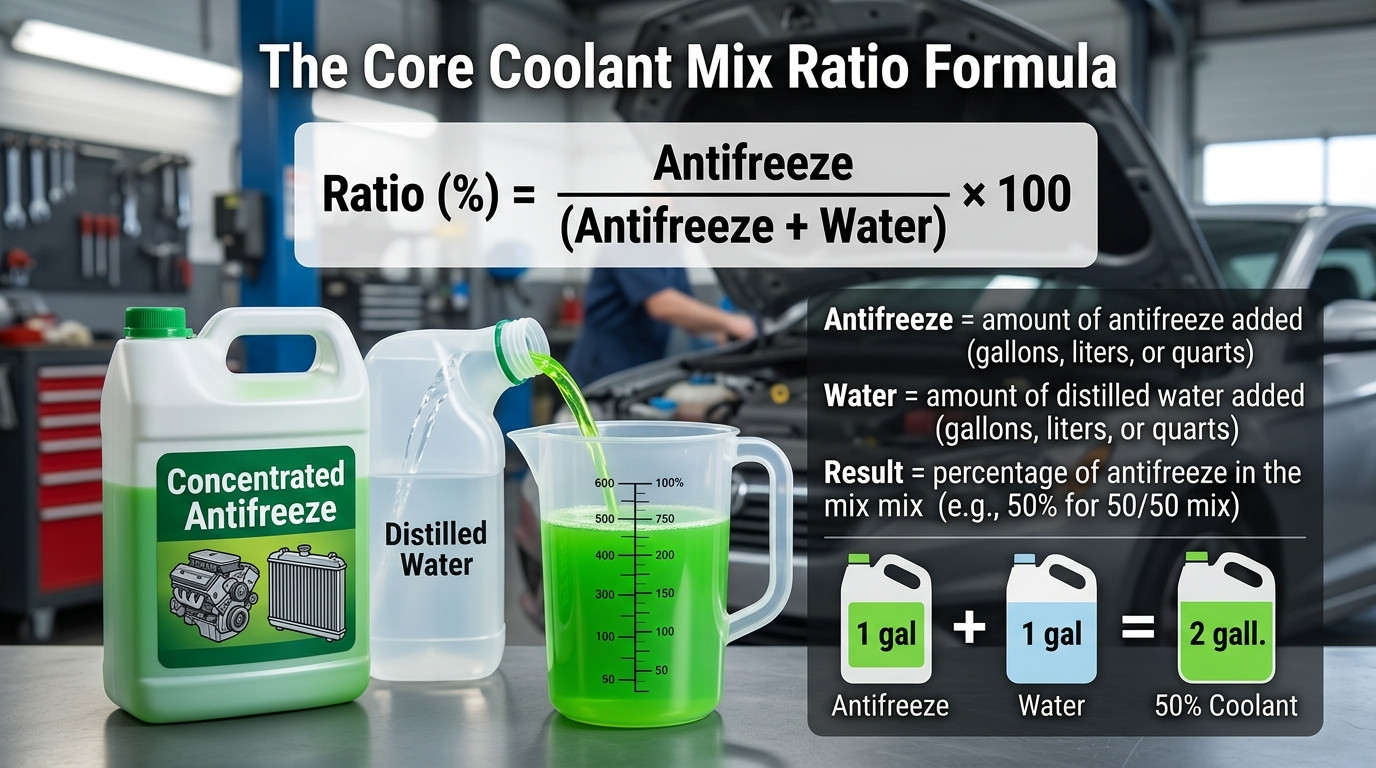 Coolant mix ratio calculator formulas showing ratio calculation, coolant volume, top-off amount, and coolant types