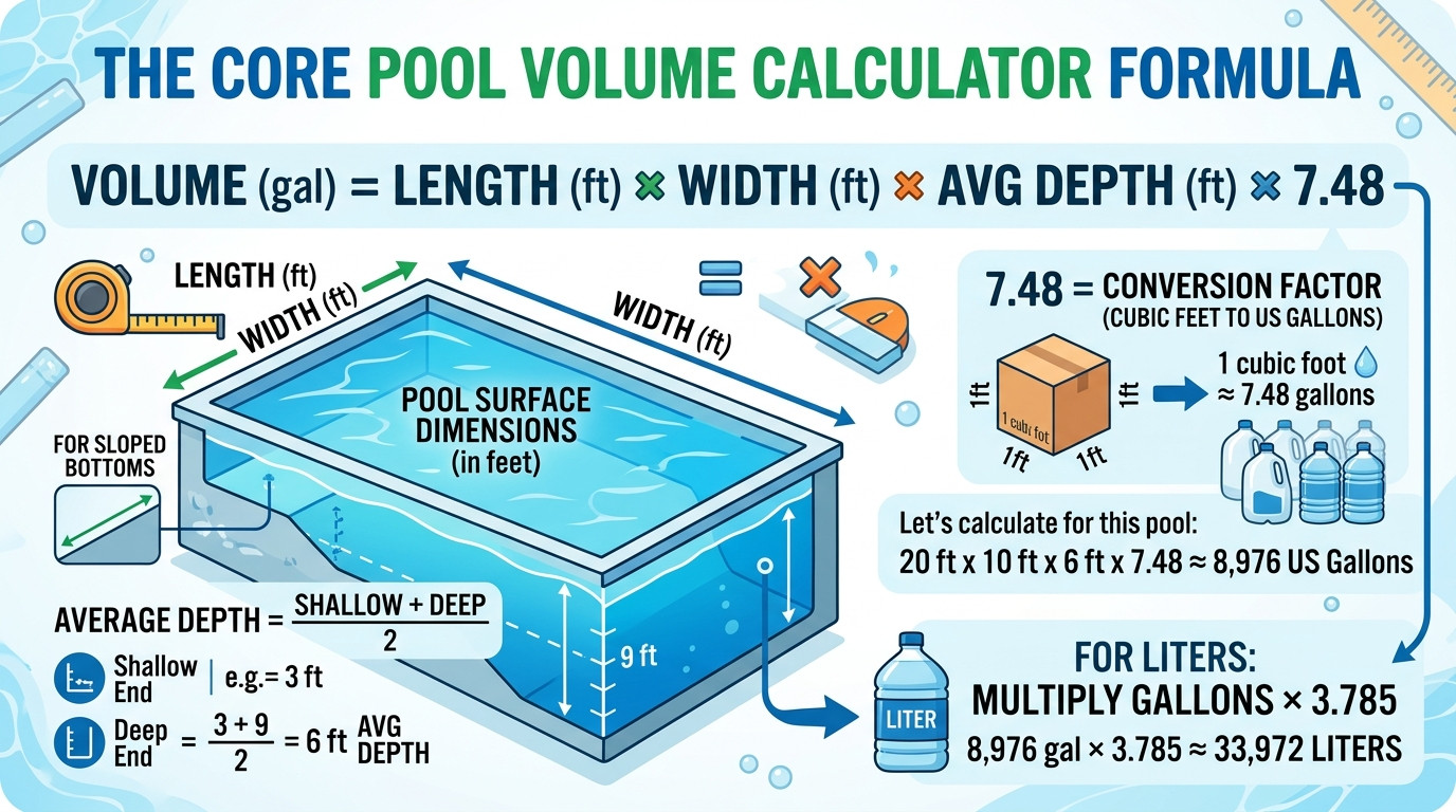 Pool volume calculator formulas for rectangular, round, oval, and kidney-shaped pools