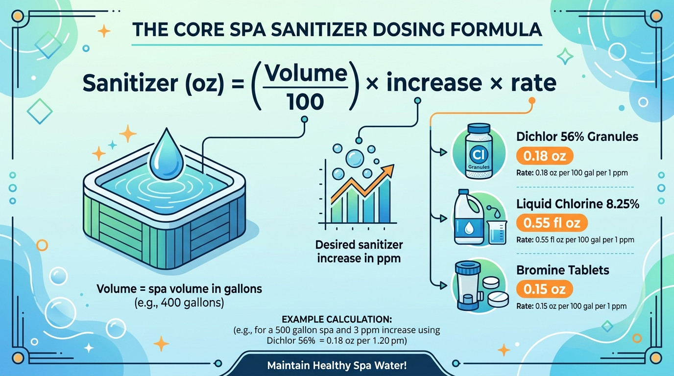 Spa chemical calculator formulas showing sanitizer dosing, pH adjustment, alkalinity correction, and chemical order