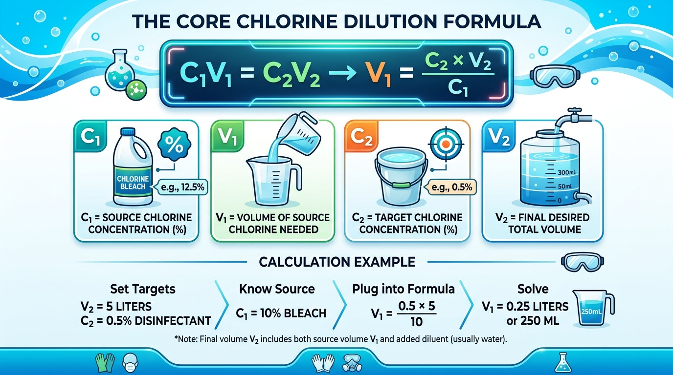 Pool chlorine dilution formulas showing C1V1=C2V2, PPM dosing, shock levels, and CYA-adjusted targets
