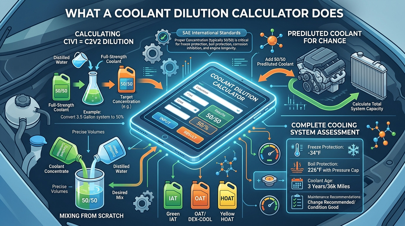 Coolant dilution calculator with coolant jugs, distilled water, measuring containers, and engine cooling system