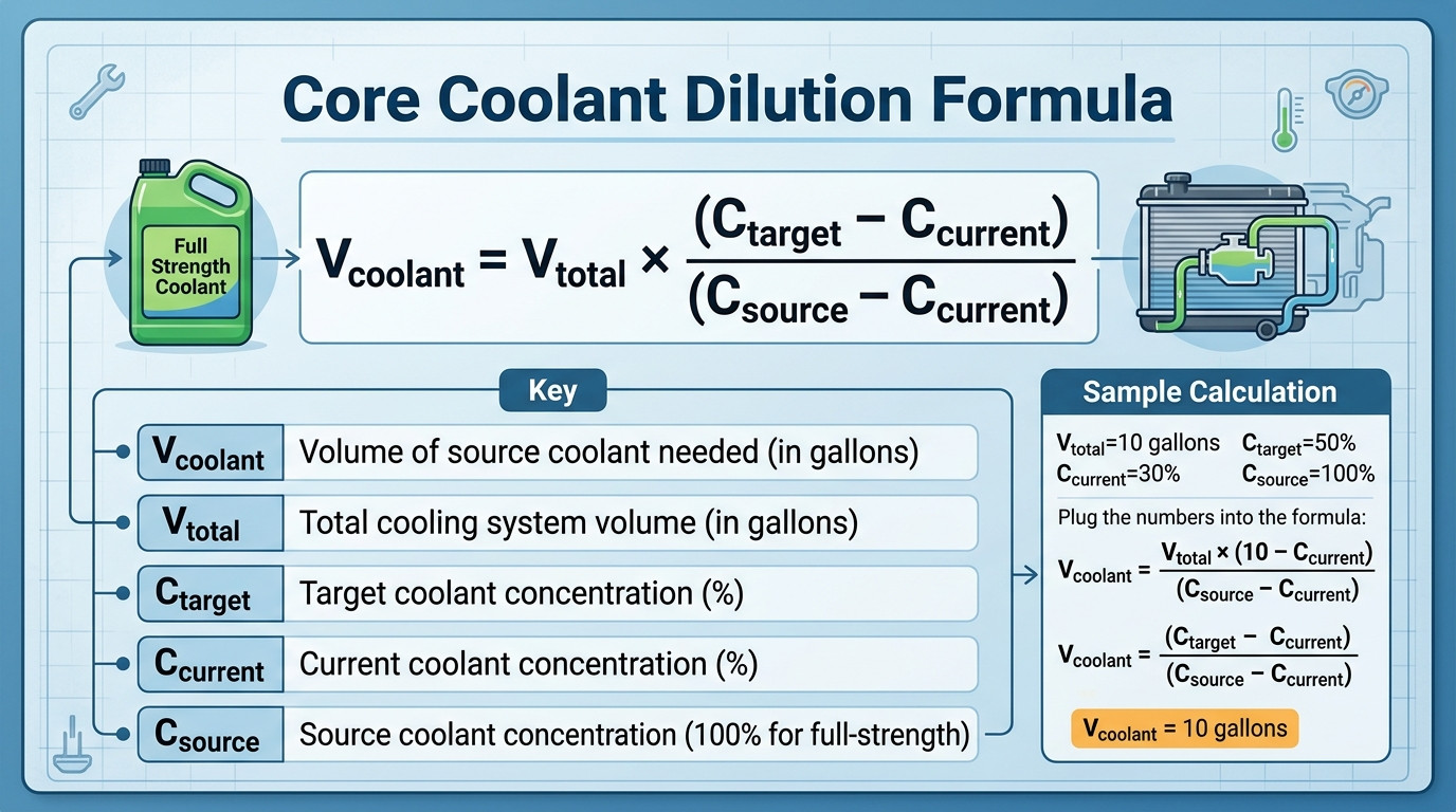 Coolant dilution calculator formulas showing C1V1=C2V2, prediluted coolant, concentrate mixing, and coolant types