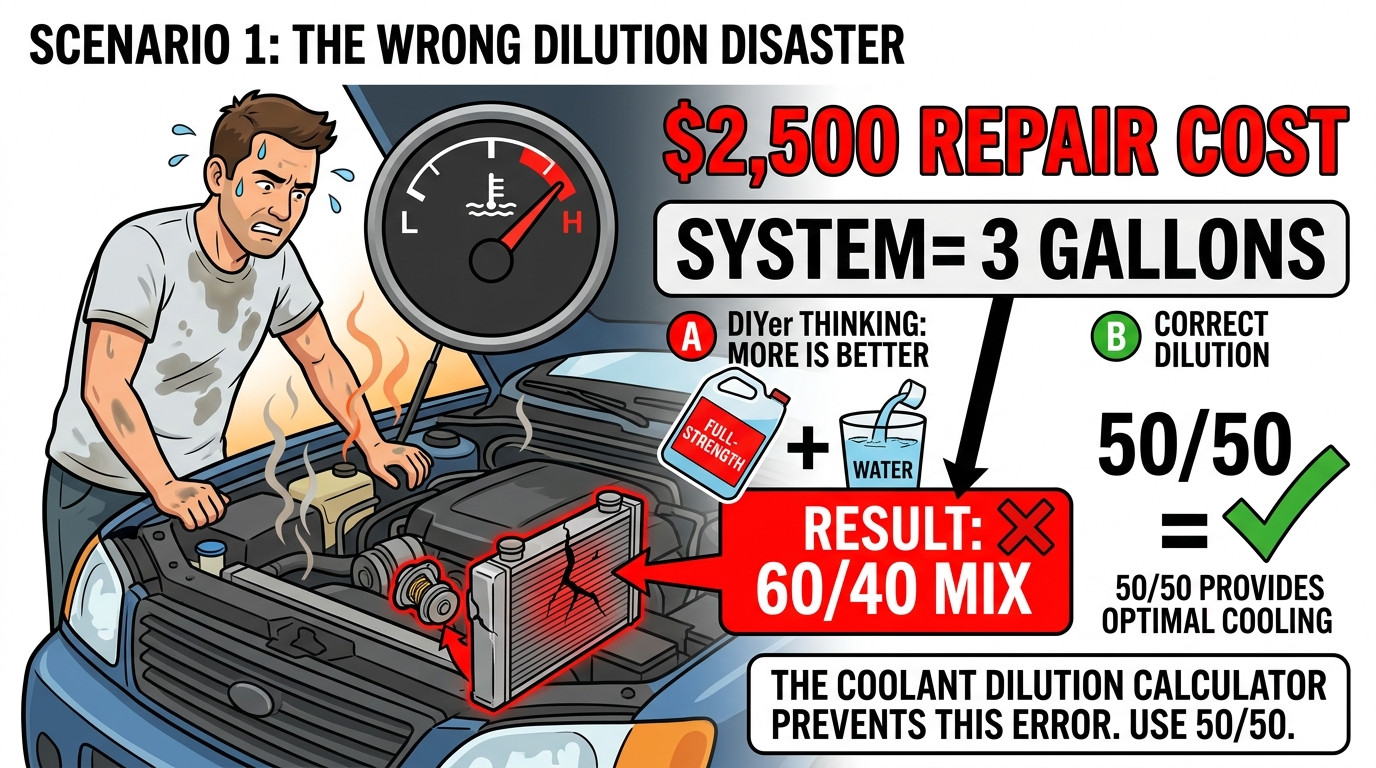 Coolant dilution scenarios showing wrong dilution, prediluted confusion, and mixed coolant sludge