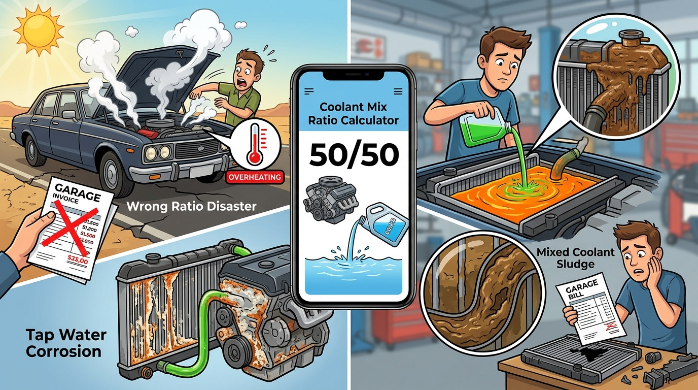 Coolant mix scenarios showing wrong ratio, tap water corrosion, and mixed coolant sludge