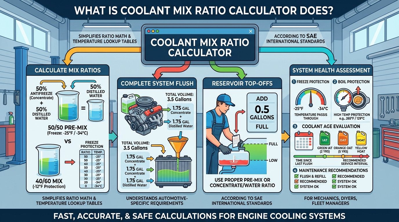 Coolant mix ratio calculator with antifreeze jugs, distilled water, measuring containers, and engine cooling system