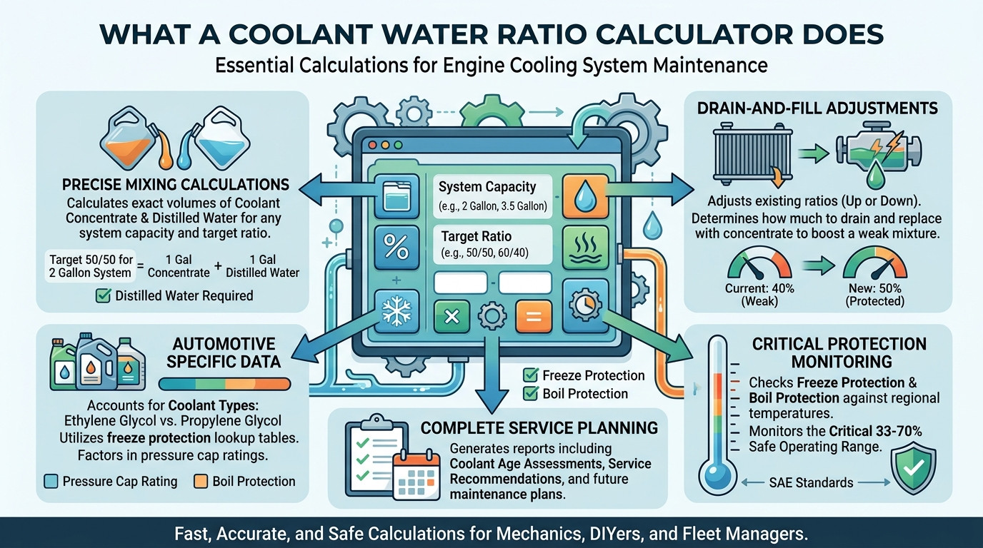 Coolant water ratio calculator showing mixing ratios for engine cooling systems