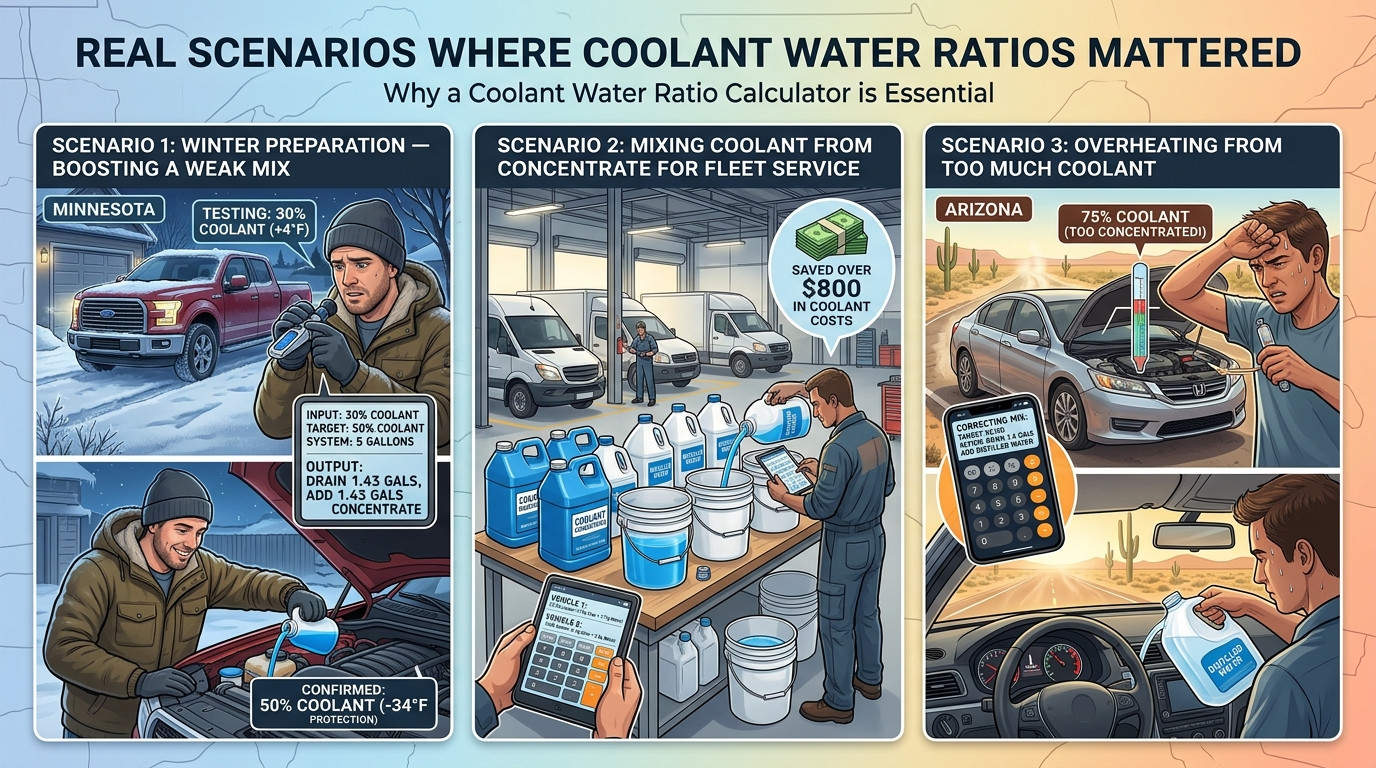 Real-world coolant water ratio scenarios showing fleet service and winter preparation