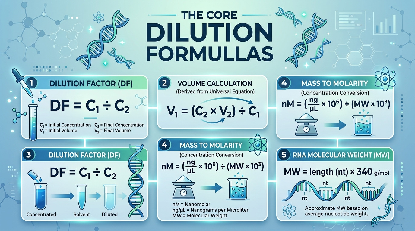 Core rna dilution calculator formulas showing C1V1=C2V2, dilution factor, and ng/µL to nM conversion