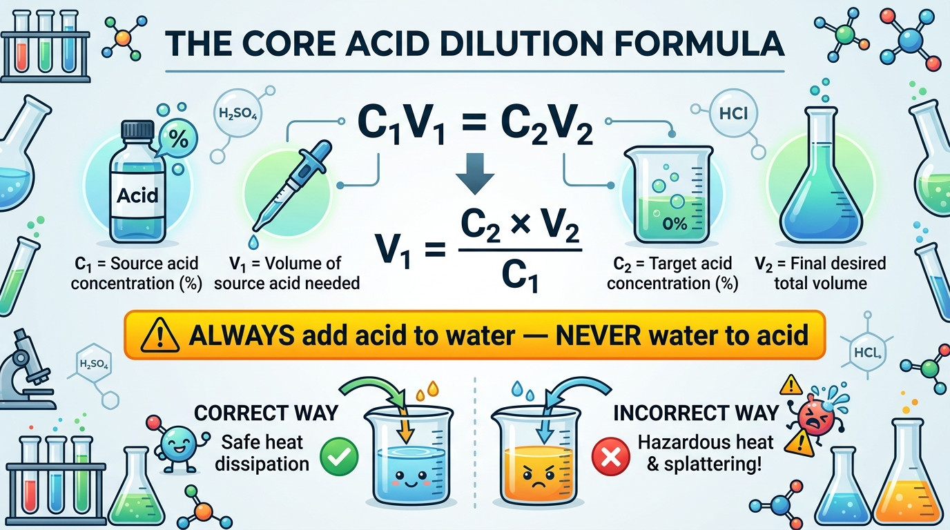 Pool acid dilution formulas showing C1V1=C2V2, pH lowering rates, alkalinity reduction, and safety guidelines
