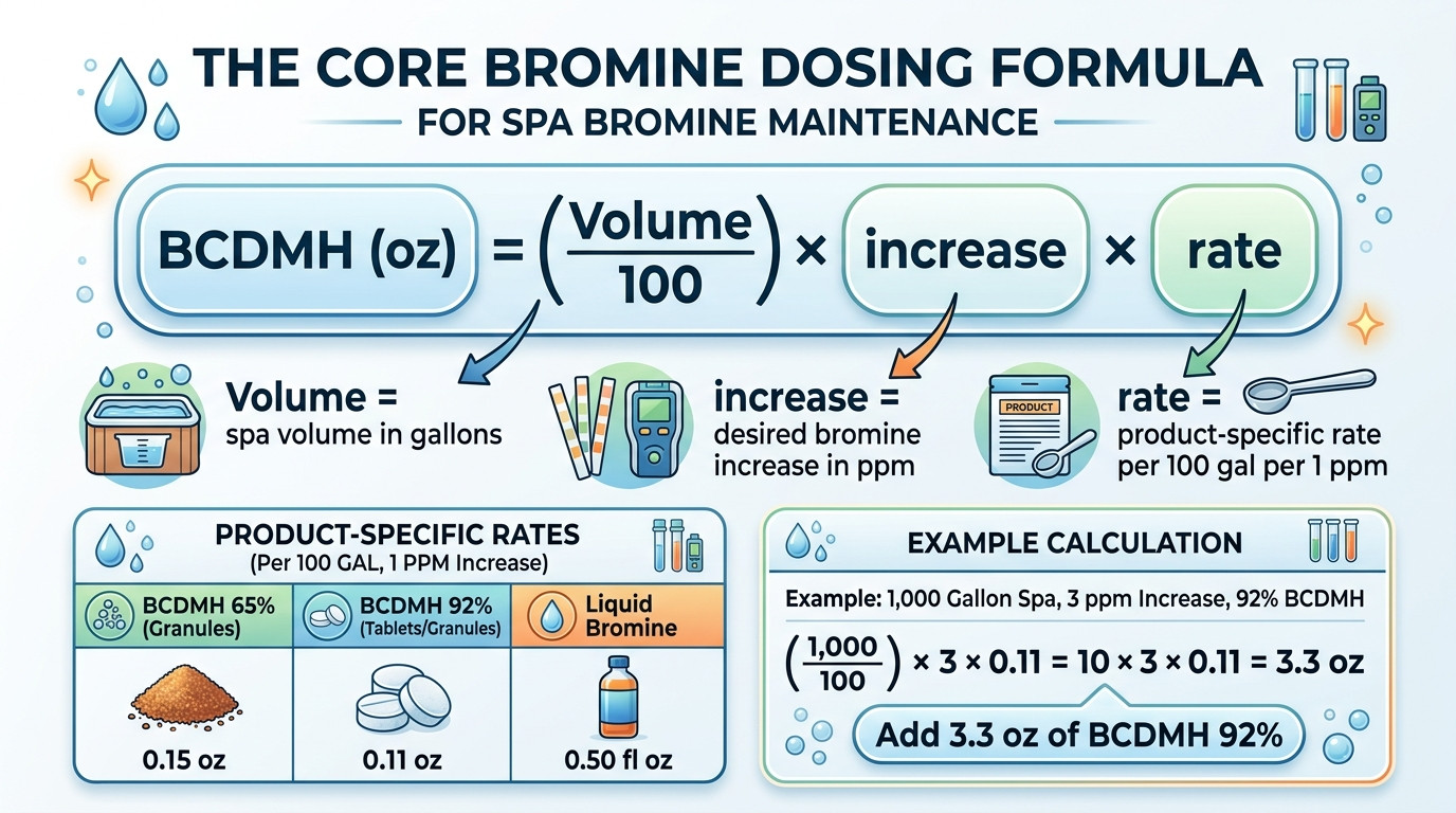 Bromine spa calculator formulas showing BCDMH dosing, MPS shock, bromine bank activation, and bromine vs chlorine comparison