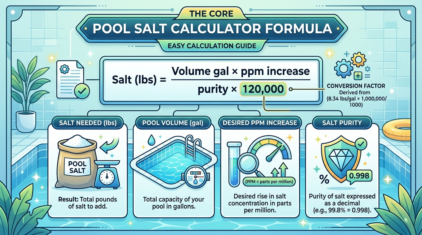 Pool salt calculator formulas showing salt addition, salt reduction, SWG sizing, and unit conversion calculations