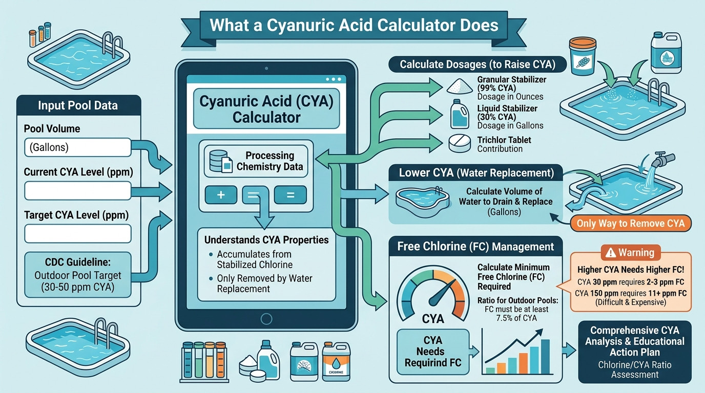 Cyanuric acid calculator with CYA test kit, stabilizer container, trichlor tablets, and outdoor pool in sunlight