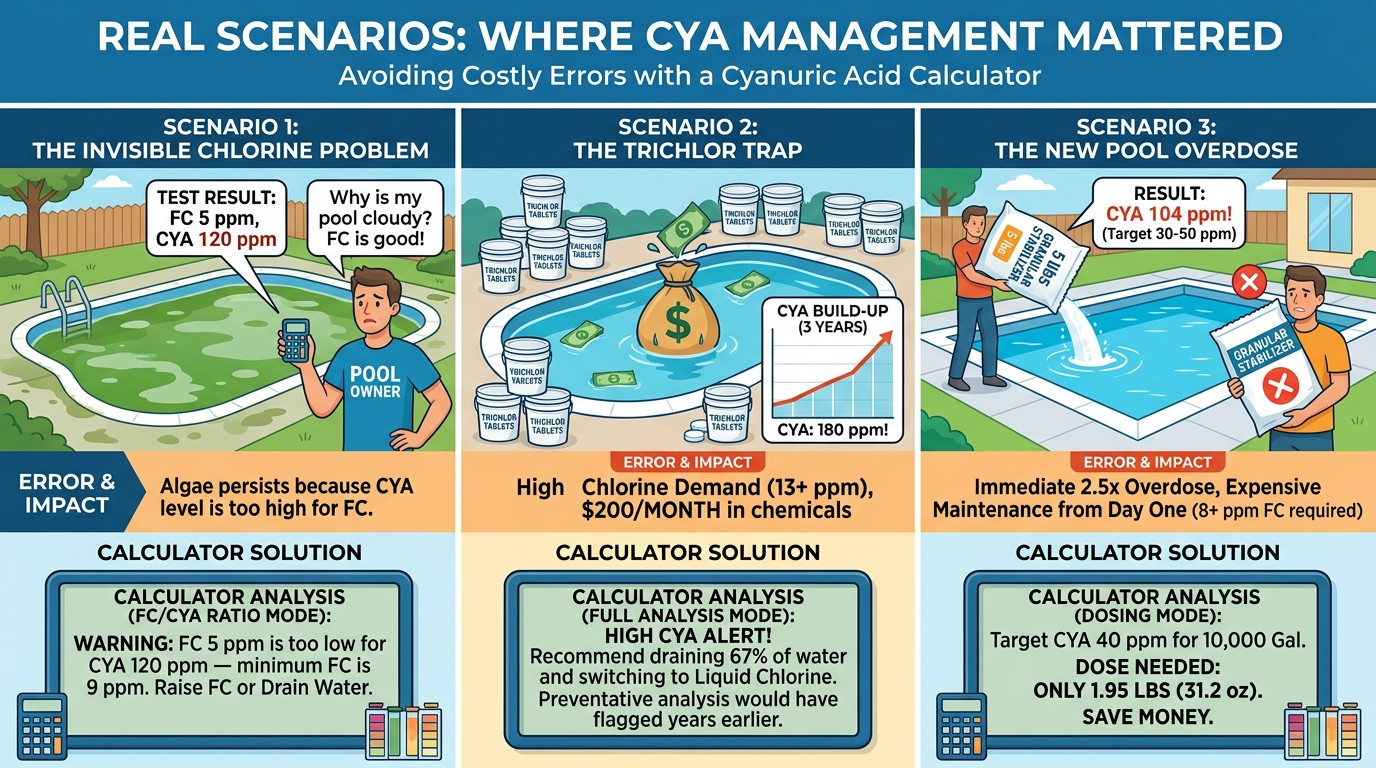 Cyanuric acid scenarios showing invisible chlorine, trichlor trap, and new pool overdose problems