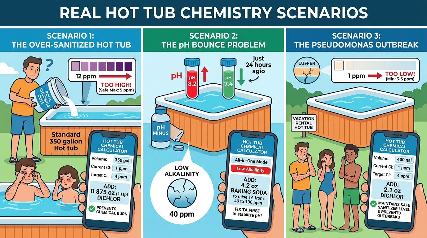 Hot tub chemical scenarios showing over-sanitization, pH bounce, and bacterial problems